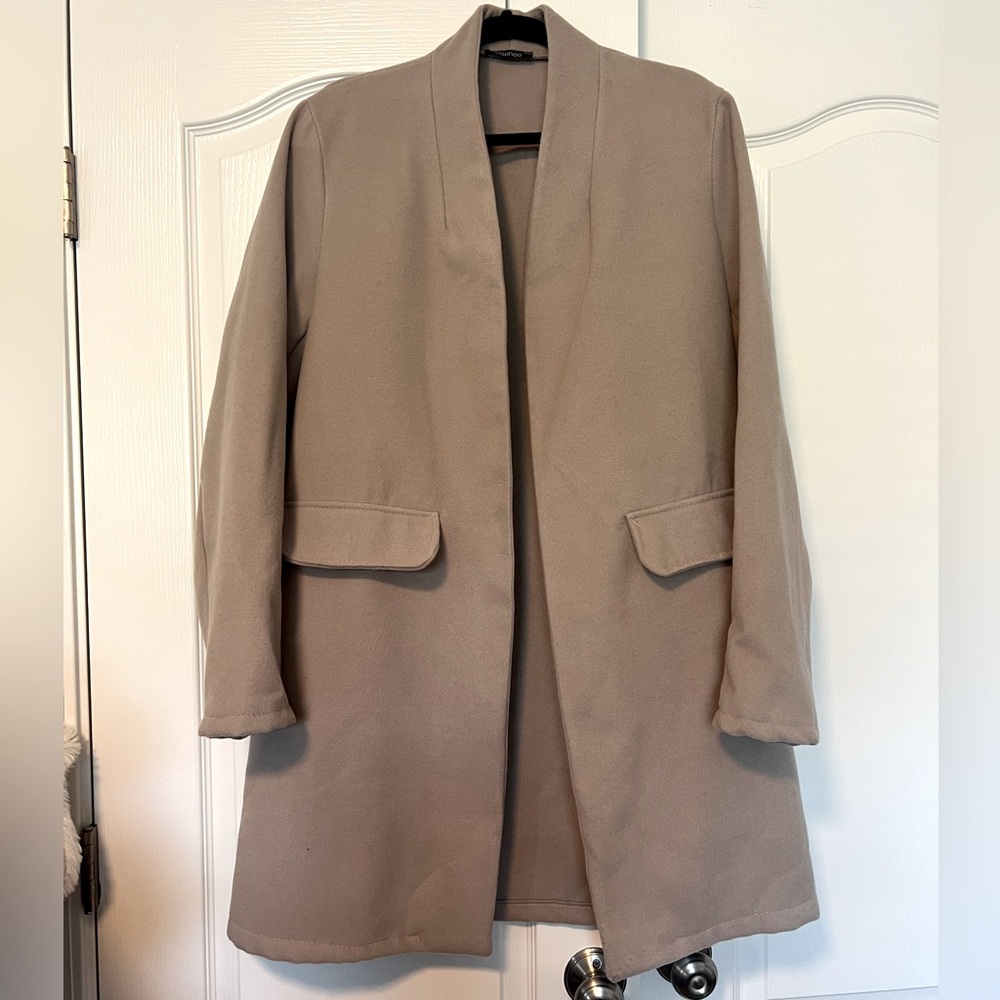 BOOHOO Tan Collarless Wool Look Coat sz 16